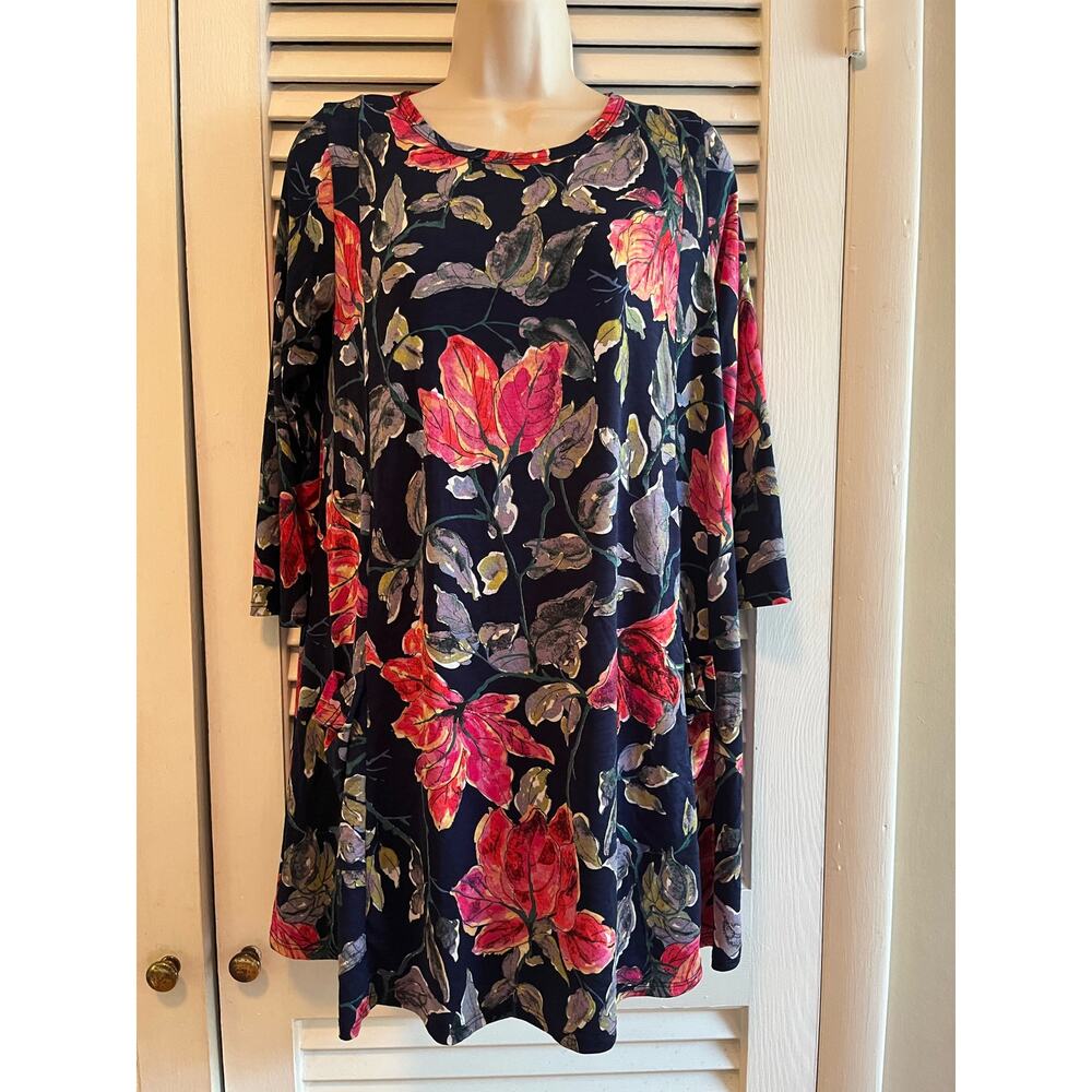 Eloges navy floral pocket tunic/dress M‎ 3/4 sleeve fall colors retro boho knit